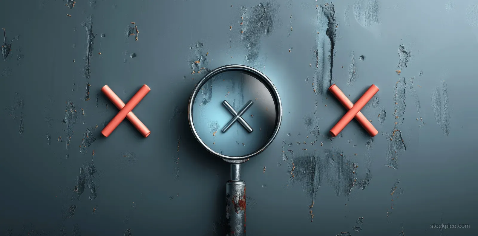 Magnifying glass highlights a checklist page with red X marks against a dark textured background.