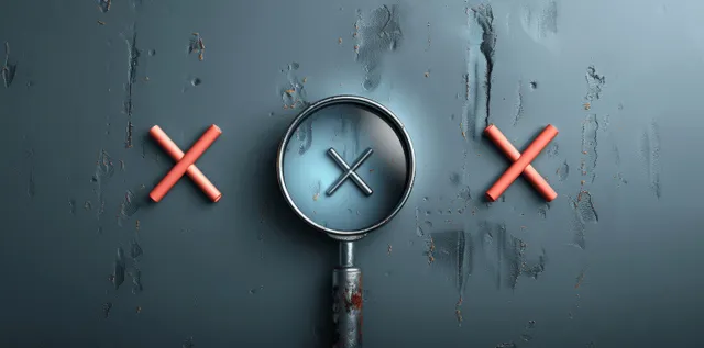 Una lupa resalta una página de lista de verificación con marcas de X rojas sobre un fondo oscuro y texturizado.
