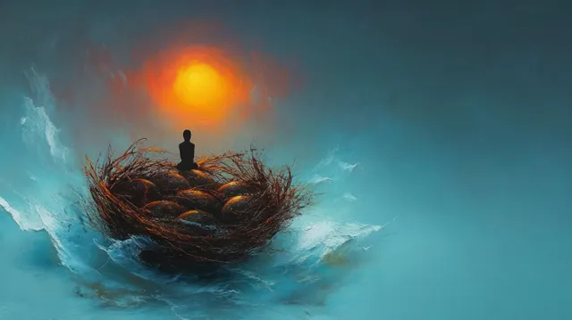 Silhouette seated in a floating bird’s nest above swirling blue clouds