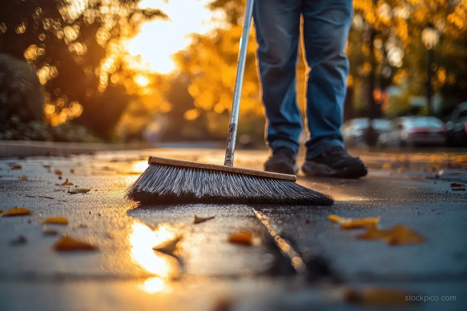 A person’s boots sweep fallen autumn leaves across a city sidewalk in warm sunset light.