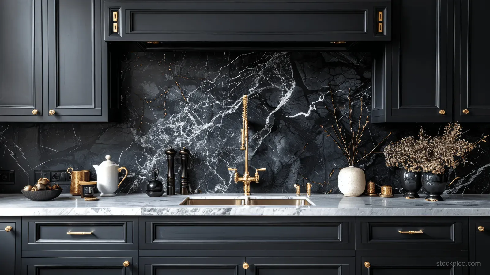 Dark gray kitchen cabinets frame a marble backsplash with a golden faucet and neatly arranged countertop items.