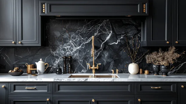 Dark gray kitchen cabinets frame a marble backsplash with a golden faucet and neatly arranged countertop items.