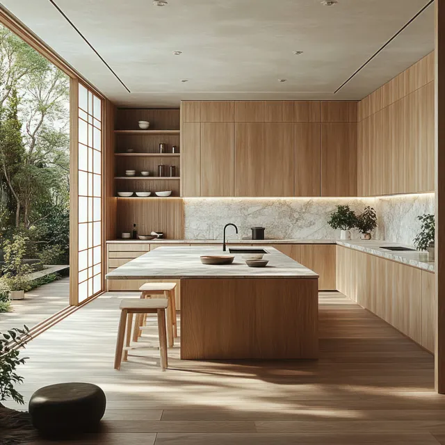 Sunlit modern kitchen with wood cabinetry, marble countertops, minimalist stools, and an open window showing a green garden.