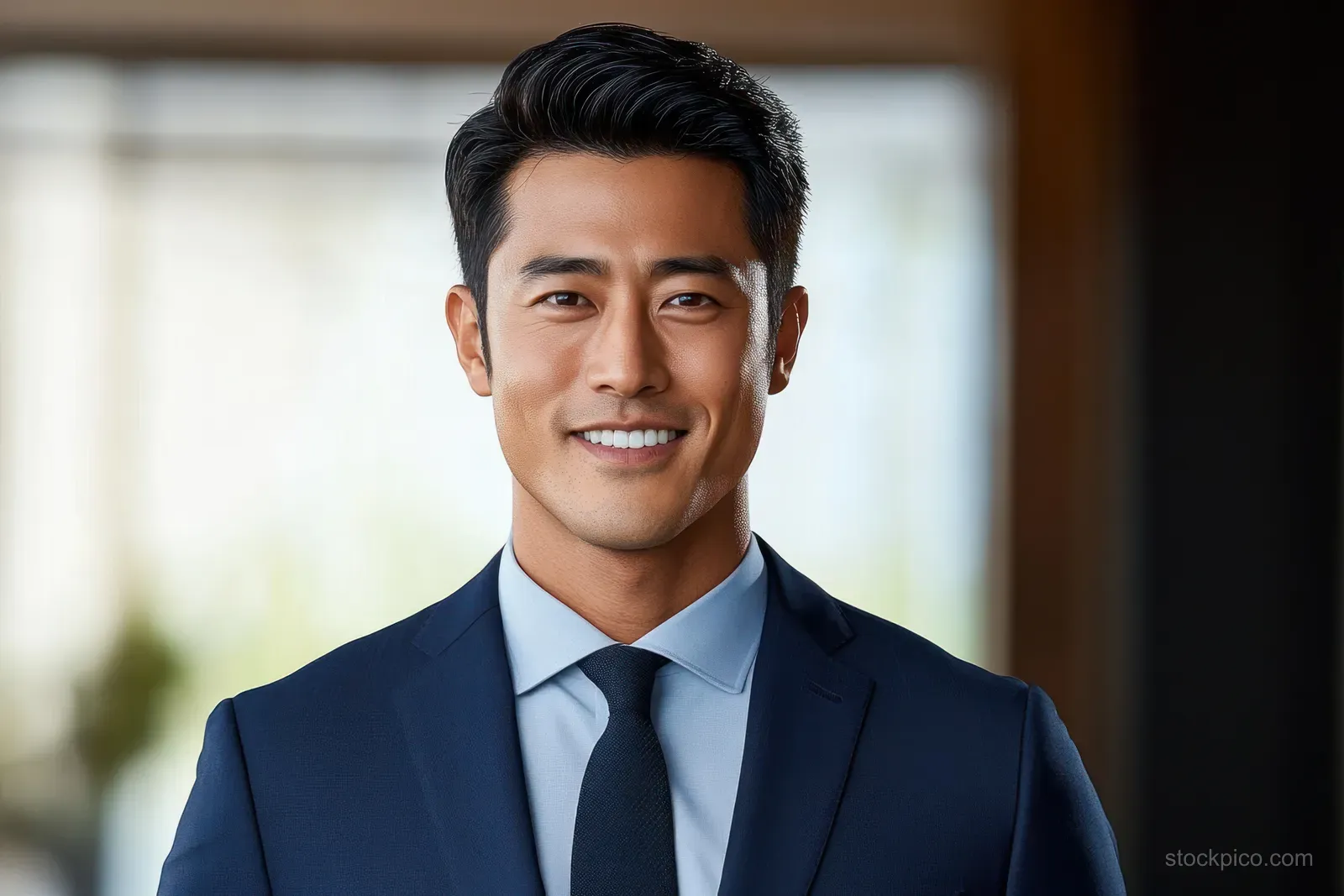 Smiling young man in a navy suit and tie indoors with soft natural light and blurred window background.