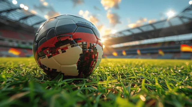 German soccer ball on green grass in a stadium with flag graphic accents and blurred stands behind it.