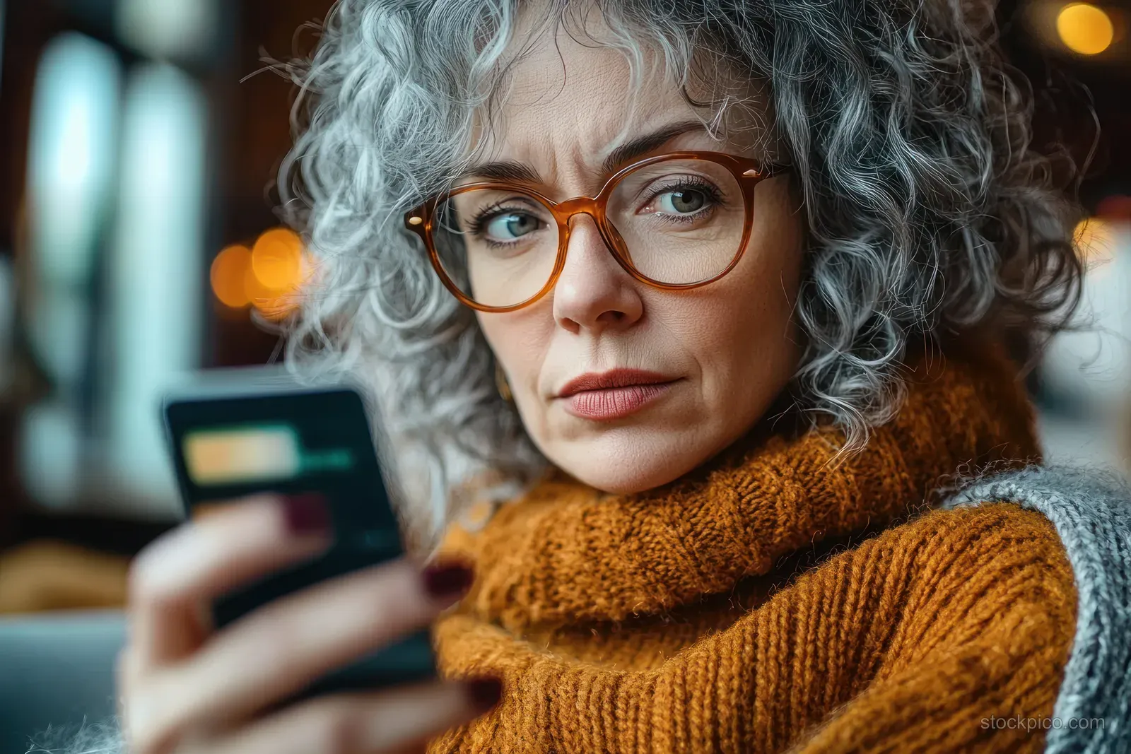 A curly gray-haired woman in an orange knit sweater holds a credit card and looks thoughtfully indoors.