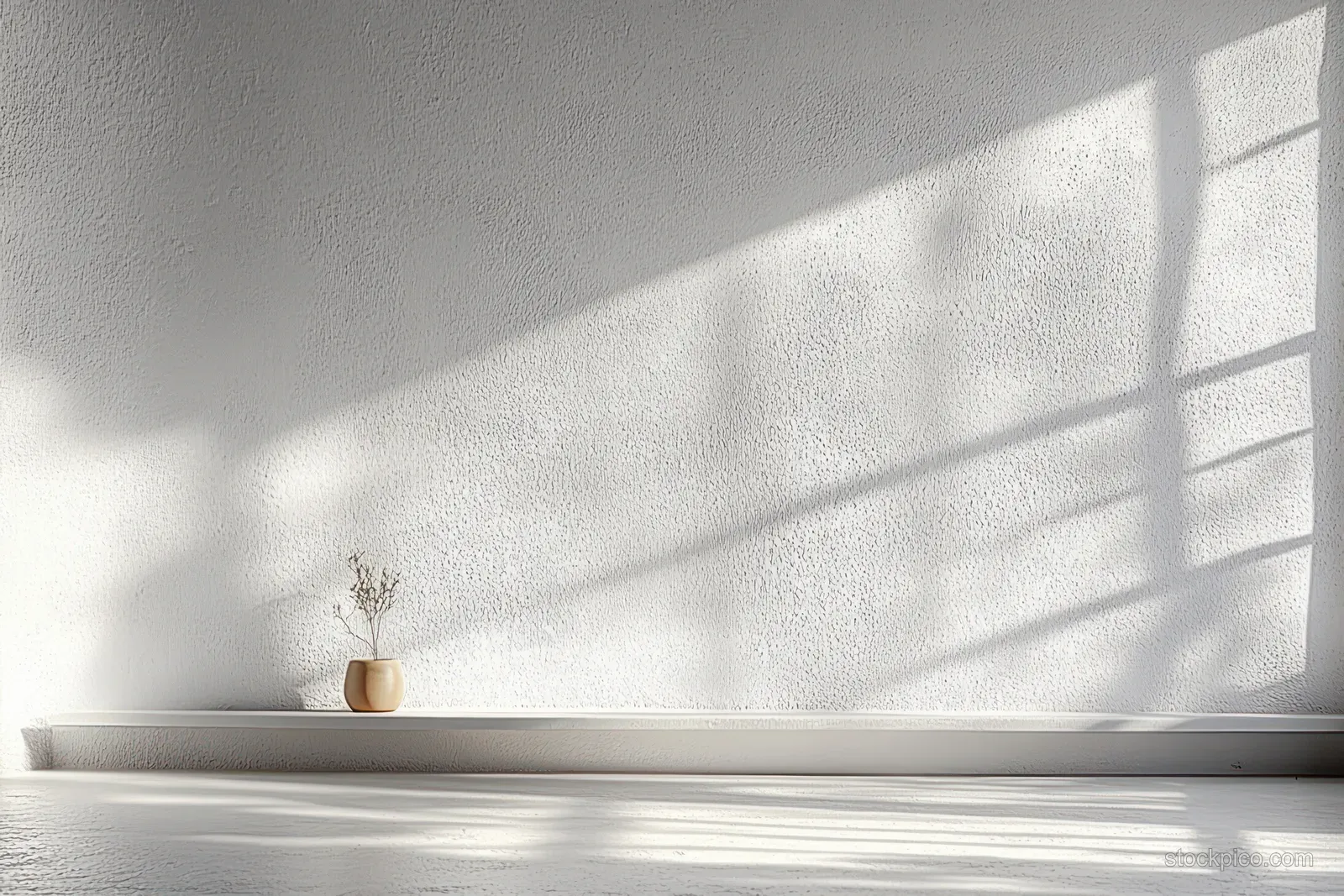 Empty white studio wall with a small shelf, plant, and soft window shadows.