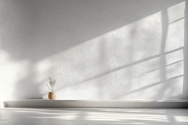 Minimal White Wall Studio with Shelf and Soft Window Shadows