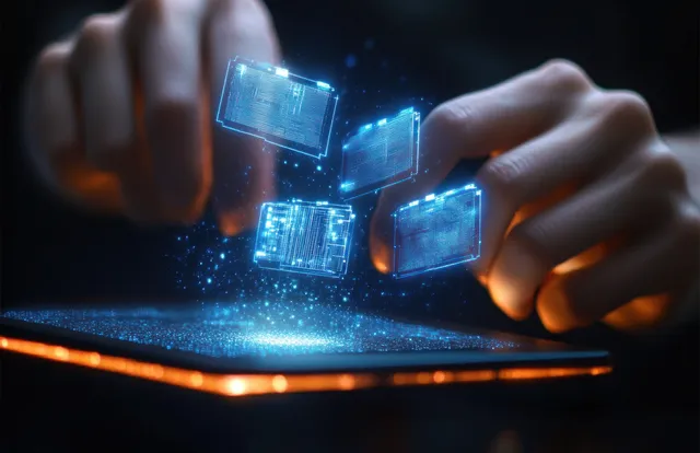 Gloved hands arranging holographic circuit cubes above a glowing touch tablet screen