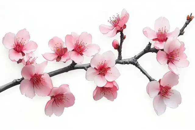Pink cherry blossoms bloom on dark branches against a white background.
