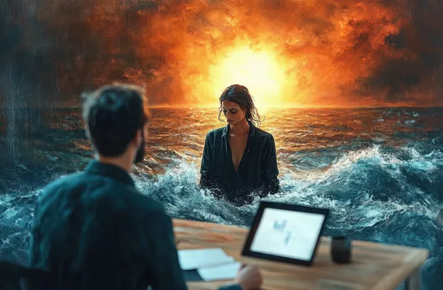 Woman wading through turbulent ocean at sunset, while laptop work scene overlays foreground