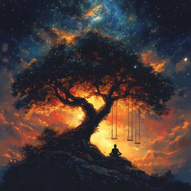 A small meditating figure sits under an ancient tree beneath a starry night sky with warm glowing light.