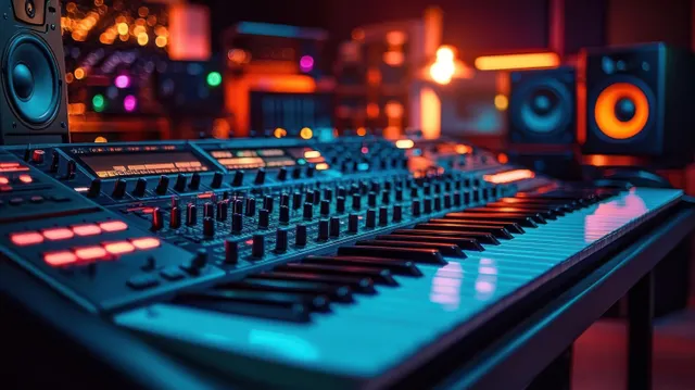 A synthesizer keyboard close-up with glowing knobs and buttons in a dim studio beside warm speaker lights.
