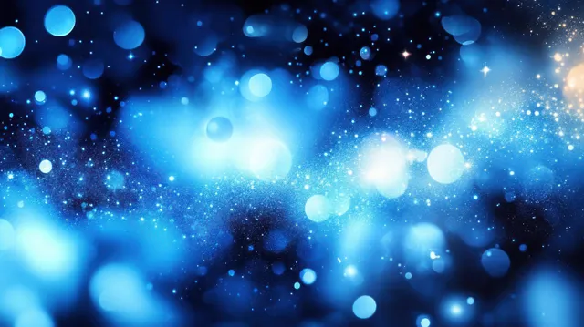 Blue glowing bokeh circles and scattered sparkling particles drift over a dark cosmic space background.
