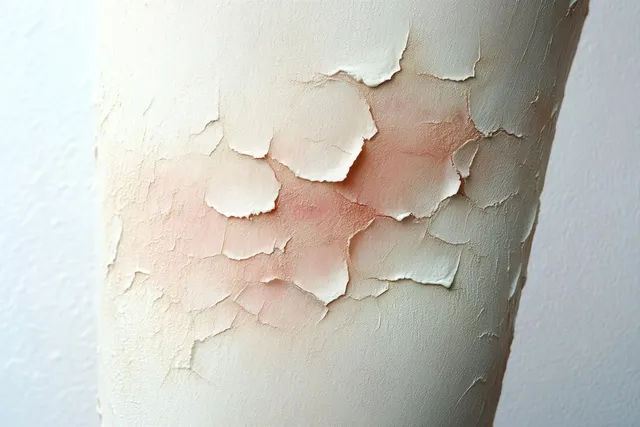 Peeling beige paint flakes and cracks reveal reddish underlayer on an aged wall surface close-up.