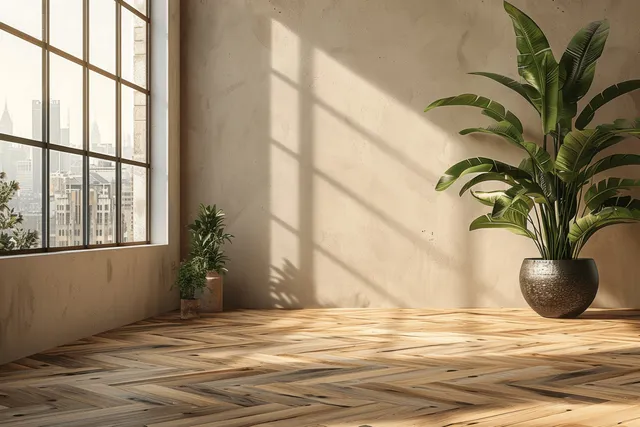Sunlit minimalist apartment corner with parquet floor, large window, and potted plant in a black vase.