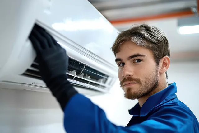 A focused HVAC technician inspects an indoor air conditioning unit for maintenance and performance diagnostics.