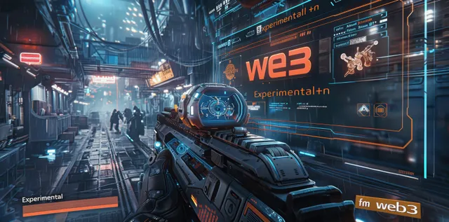 A cyberpunk shooter HUD overlays a neon corridor while a rifle fills the foreground.
