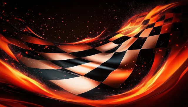 A checkered racing flag burns with orange flames and sparks against a dark background.