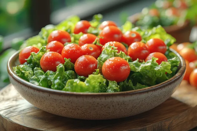 Cherry tomato vegetable salad in ceramic bowl on wooden table