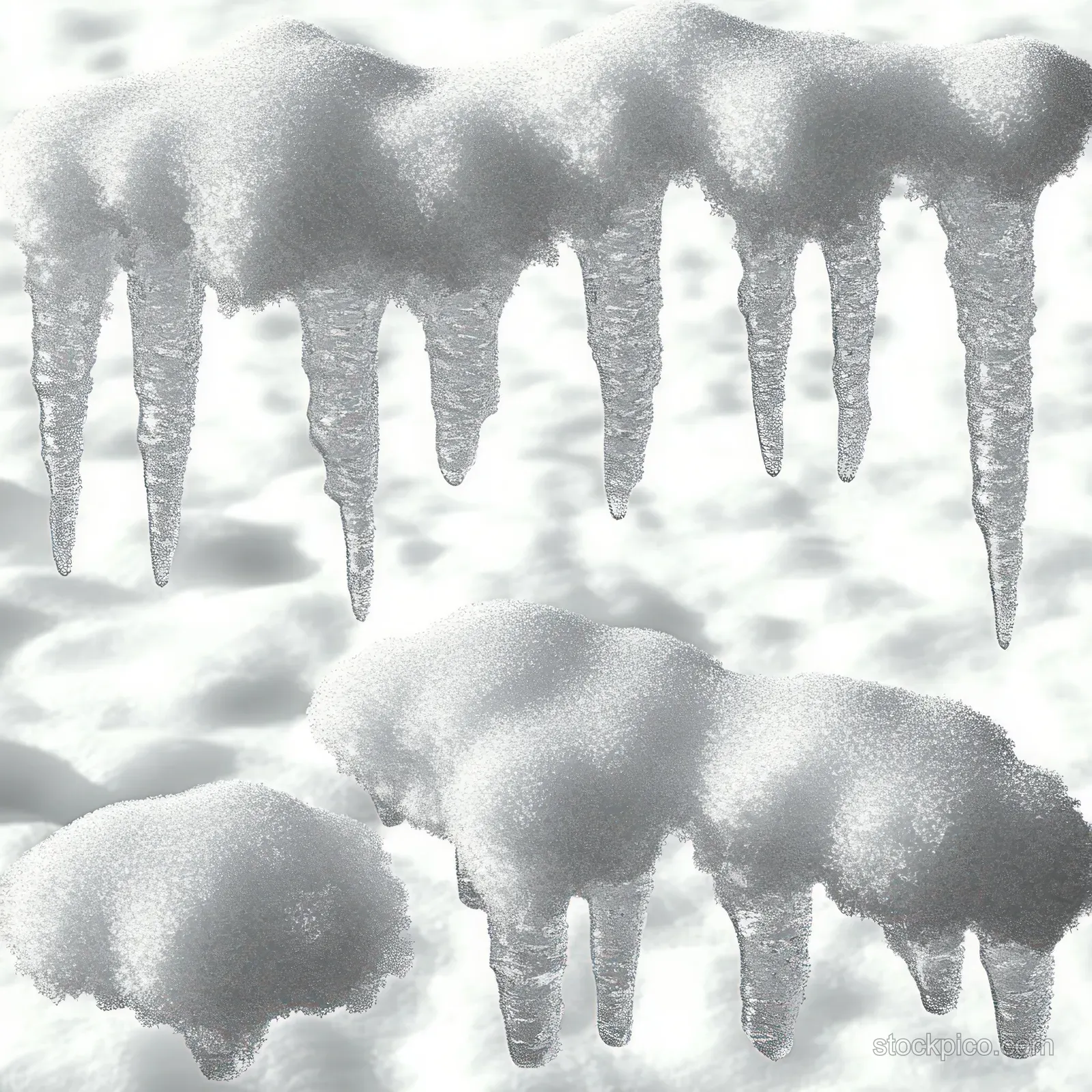 Snow-covered icicles hang from a white ledge with translucent ice tips and textured snow beneath.