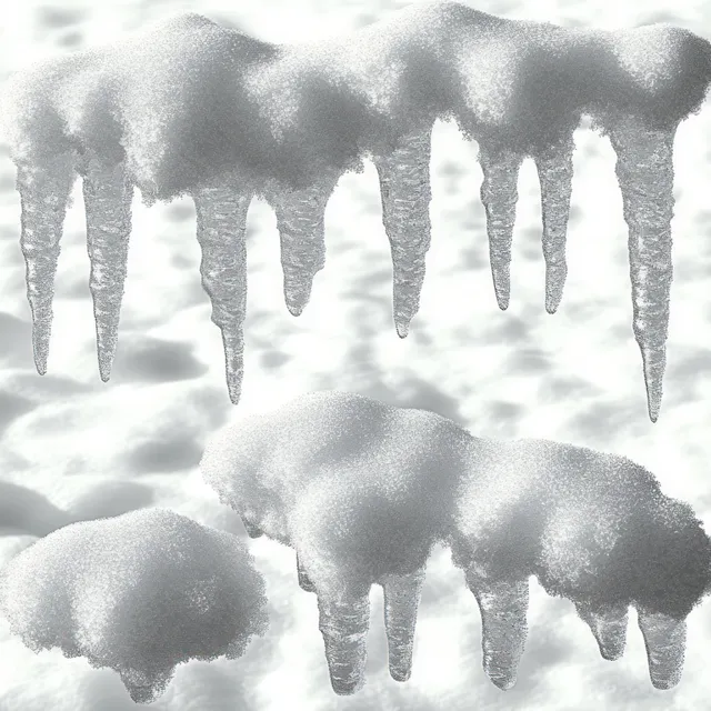 Snow-covered icicles hang from a white ledge with translucent ice tips and textured snow beneath.