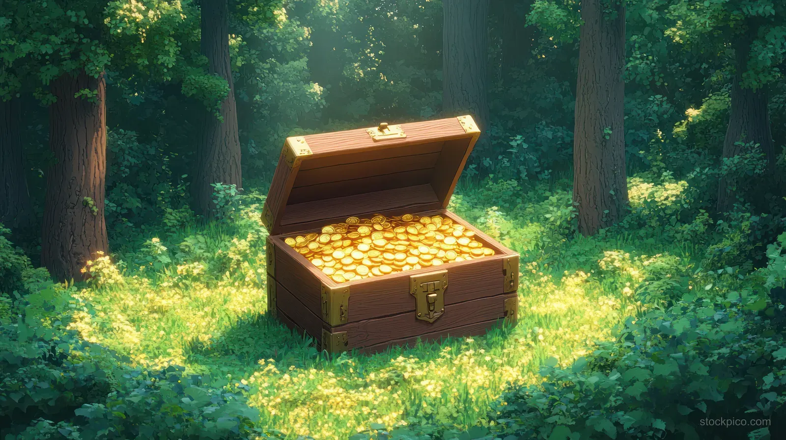 An open wooden treasure chest spills glowing gold coins in a sunlit forest clearing surrounded by trees.