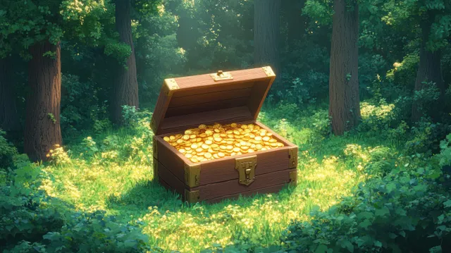 Open wooden treasure chest spilling glowing gold coins in a sunlit forest clearing with Sunlight And Rays