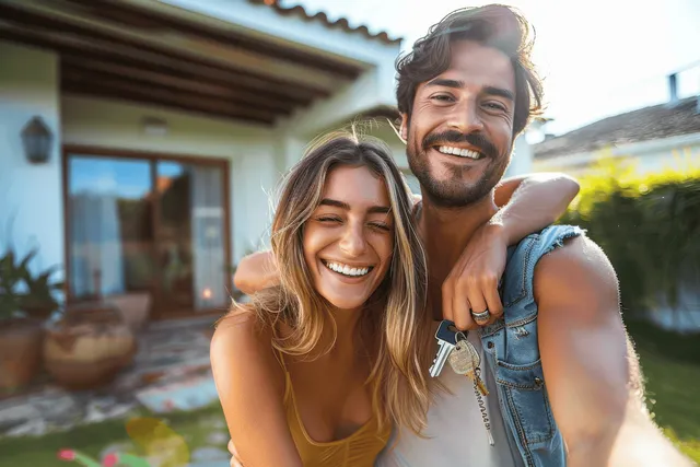Smiling couple embraces while holding a set of new house keys in a front yard.
