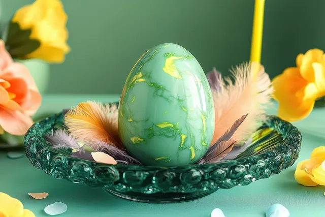 Green marbled Easter egg in an ornate nest surrounded by flower petals and feathers on a pastel table.