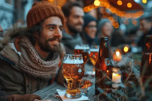Friends toast with beer glasses at an outdoor evening table beneath warm string lights.
