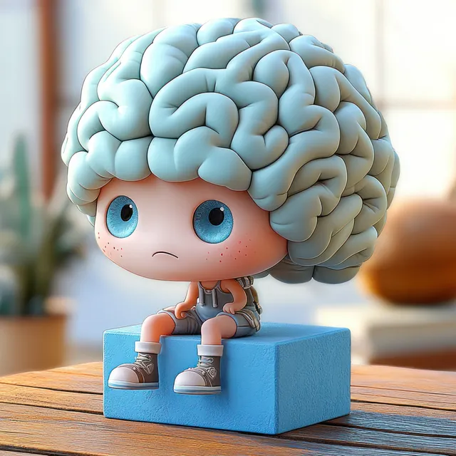 A small humanoid toy figurine with a large blue brain head sits on a blue block indoors with a thoughtful sad face.