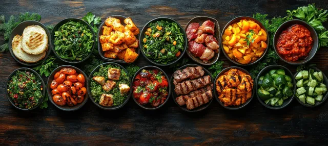 Assorted grilled meats and colorful salads arranged on black stone platter