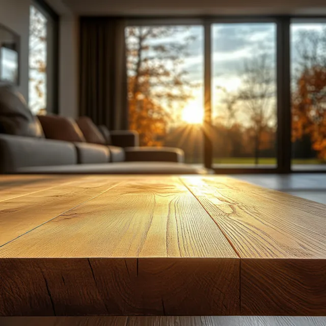 Wooden table close-up in a cozy living room with sunset light through large windows