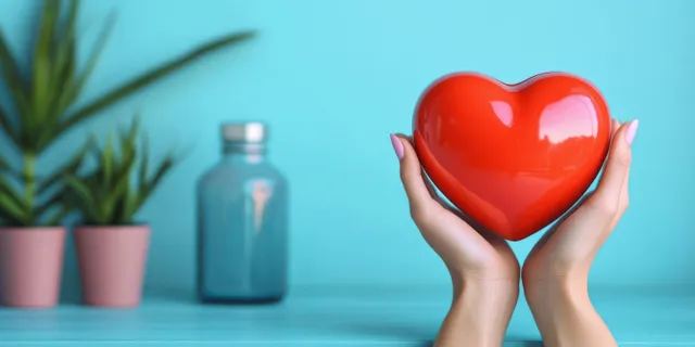 Hands holding a red heart over blue background, symbolizing care and charity