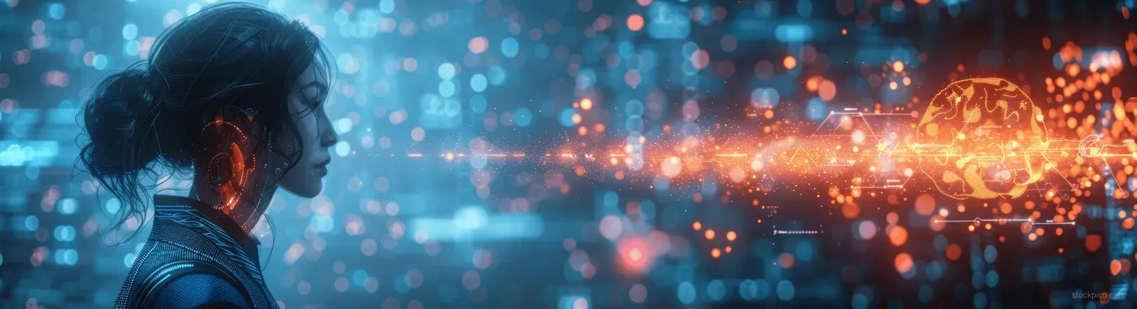 An engineer examines glowing AI medical holograms and flowing health data above an urban hospital backdrop.