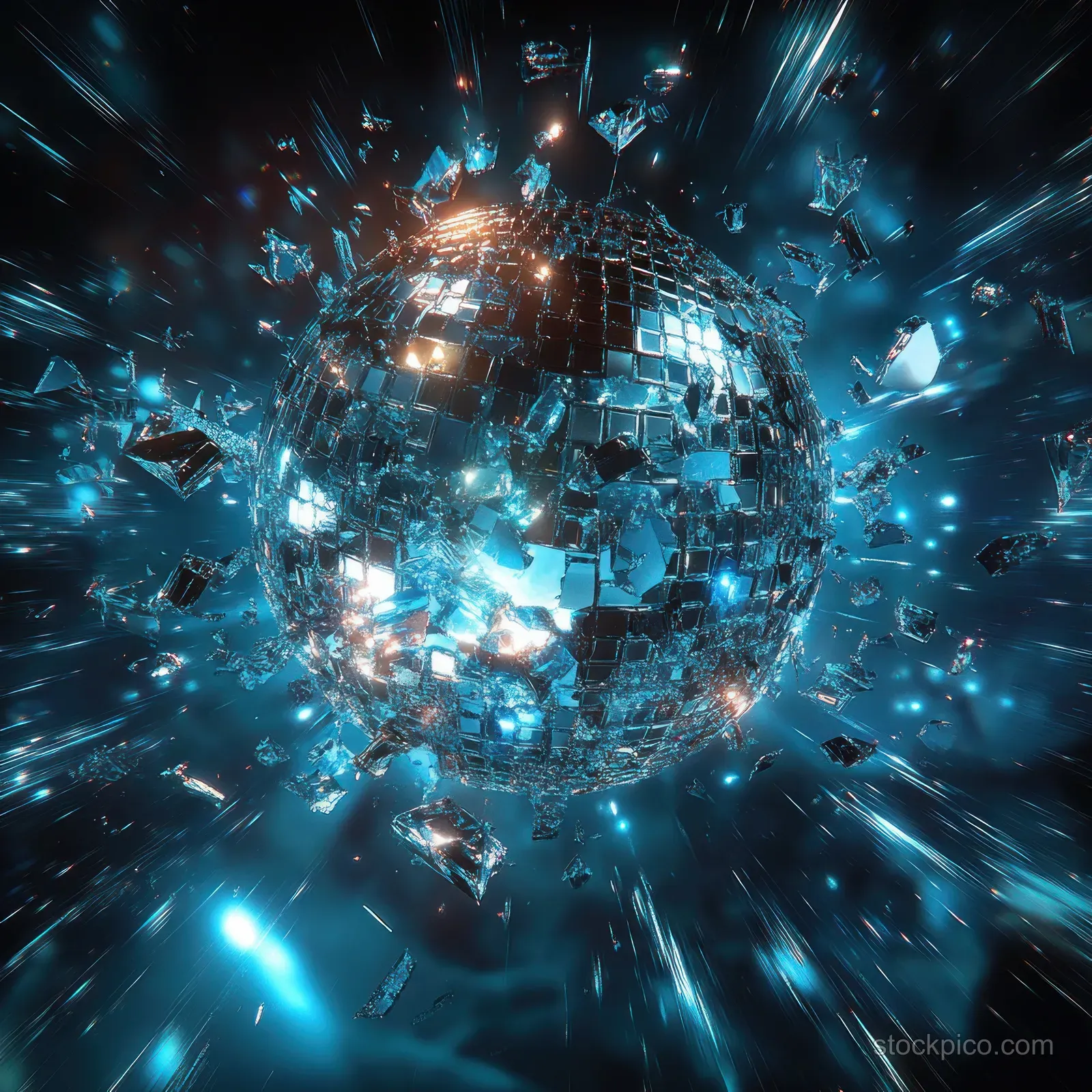 A disco ball shatters into glowing fragments amid blue and teal light streaks.