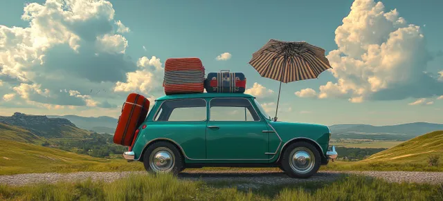 Vintage green car parked on a countryside road with colorful luggage and a striped umbrella