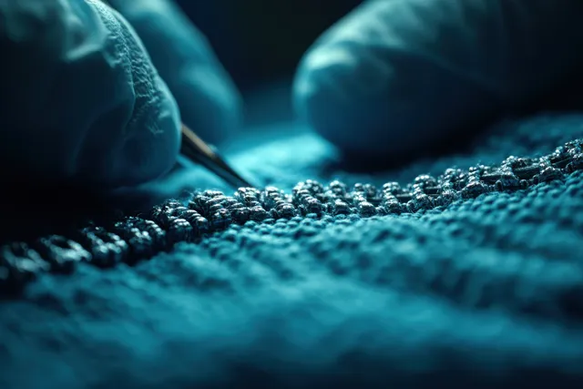 Gloved hands arrange a row of fine mesotherapy needles on a dark surface in a clinical setting.