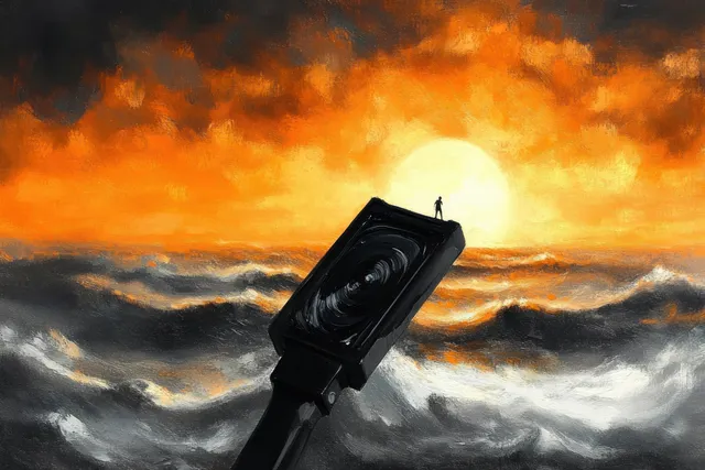 Silhouette of lone figure standing on black rectangular monument floating above stormy ocean waves