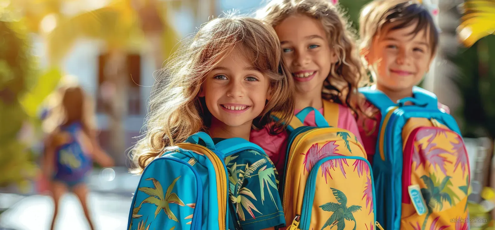 Three smiling schoolchildren stand with colorful backpacks in a sunny tropical park.