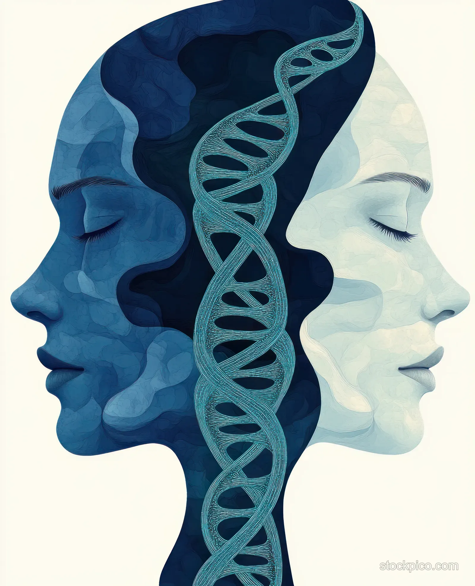 Two serene female side profiles face opposite directions with a glowing DNA double helix between them against a blue background.