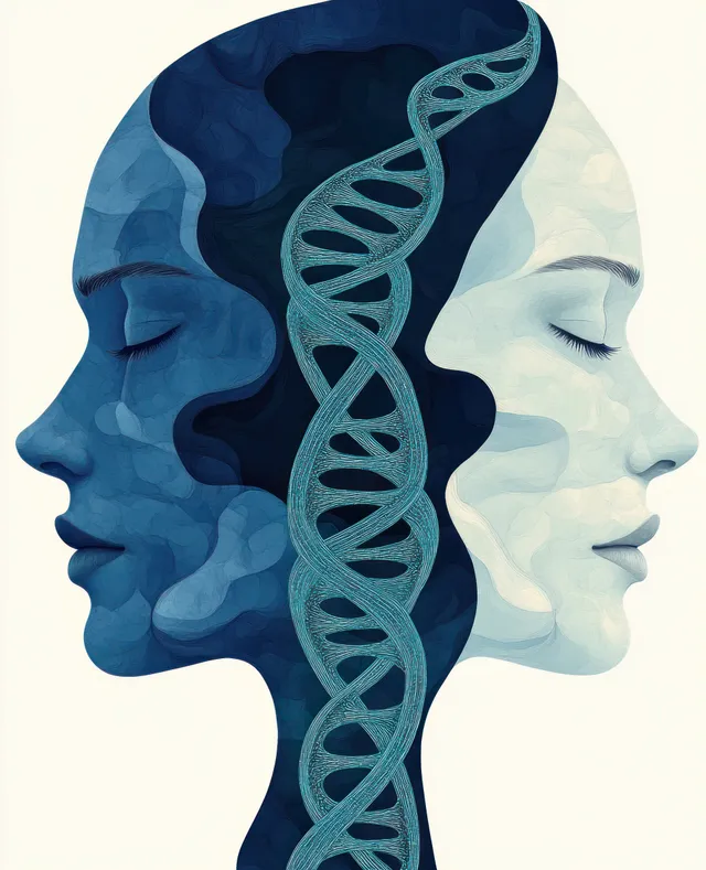 Two serene female profiles facing opposite ways with a glowing DNA double helix