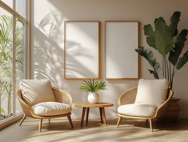 Two blank framed artworks above a wooden table with a small vase and leafy plant in a warm beige living room.