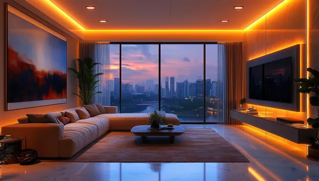Modern living room with large sectional sofa and glowing orange lights facing a sunset city skyline through floor-to-ceiling windows.