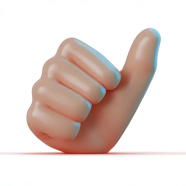 Glossy 3D human hand giving a thumbs up gesture against a clean white background.