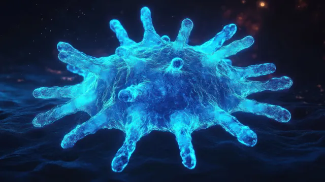 A glowing blue 3D virus model with long spikes floats against a dark microscopic background.