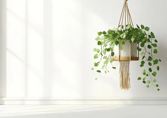 White wall interior with a hanging macrame plant planter, trailing leaves, and soft daylight shadows.