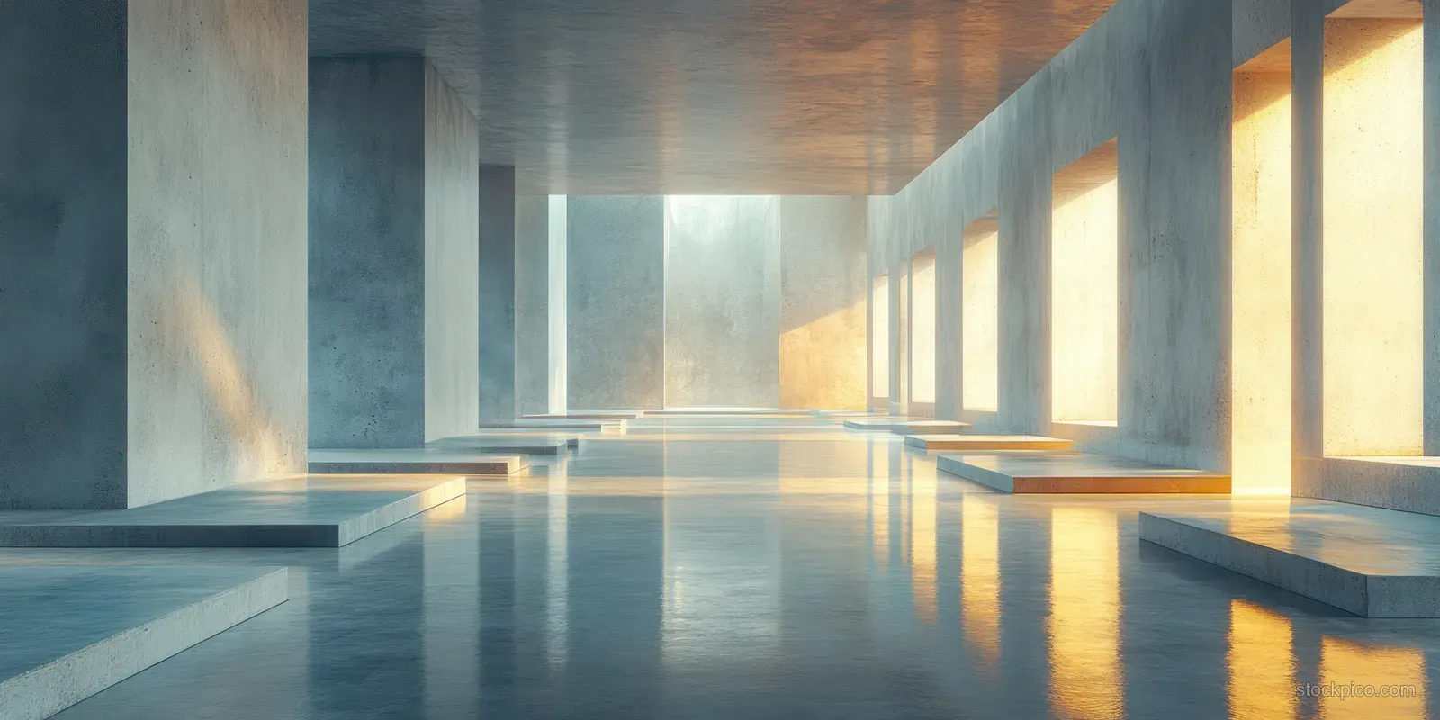 Minimalist concrete corridor with vertical columns, warm light beams, and a glossy reflective floor.