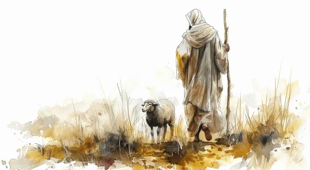 Watercolor scene of Jesus as a shepherd walking with a lamb through a grassy meadow using a wooden staff.